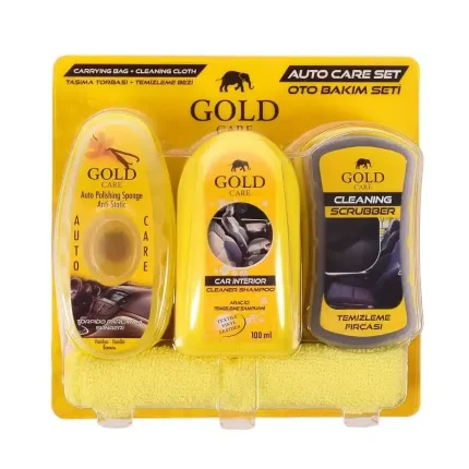 "ست نگهداری از خودرو گلدکر مدل GC9018 مجموعه سه عددی به همراه دستمال، شامل ابزارهای حرفه‌ای برای تمیز کردن و براق کردن سطوح مختلف خودرو، مناسب برای استفاده در کارواش‌ها و صفرشویی‌ها."