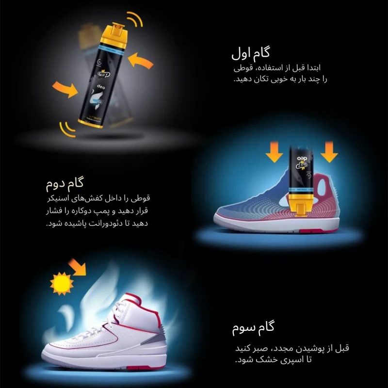 اسپری ضدبو کفش و کتانی لوکس کرپ (مدل ونکوئیش) راهنمای استفاده از اسپری خوشبوکننده و بوگیر کفش و کتانی کرپ پروتکت