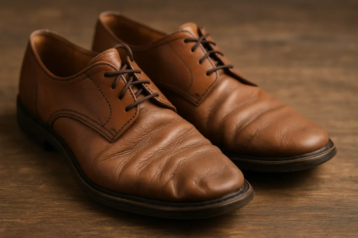 «یک جفت کفش چرم روشن با آثار واضح از لکه و پوسیدگی به دلیل نفوذ رطوبت.»